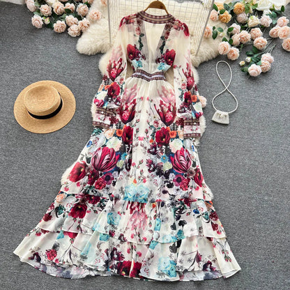 Women Deep V-Neck Bohemian Style Dress Spring Summer Runway Long Sleeve Casual Floral Print Ruffles Sweet Cascading Vestidos