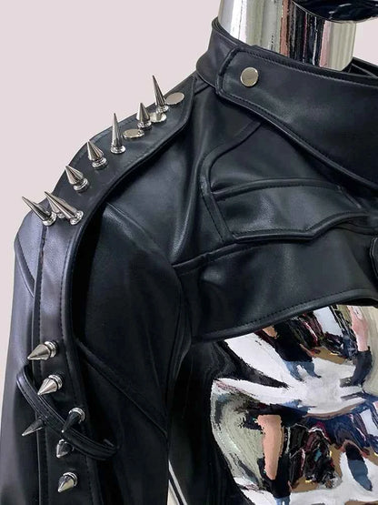 Mauroicardi Spring Autumn Cool Black Cropped Faux Leather Jacket Men Rivet Long Sleeve Zip Up Luxury Punk Style Emo Clothes 2025