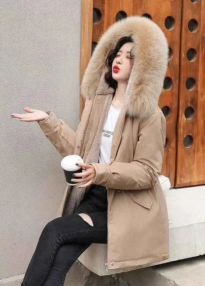 2025 Winter Women's Parka Cotton Padded Coat Korean Style Mid Length Waist Cinching Thickened for Cold Suitable for Short Girls
