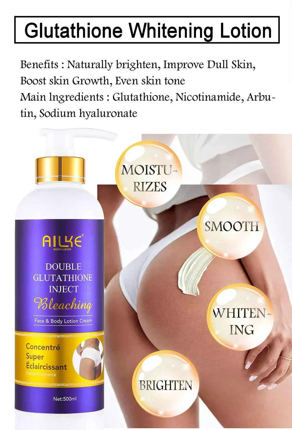 AILKE Whitening Cream, Glutathione Body Lotion for Brighter Skin, Reduce Dark Spots, Black Spots, Moisturizing, Even Skin Tone