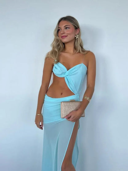 Vacation Hollow Out Mesh Long Sling Dress For Women Y2k Irregular Sleeveless Side Split Beach Suspender Dress Lady Evening Robe - AMULET RING STORE