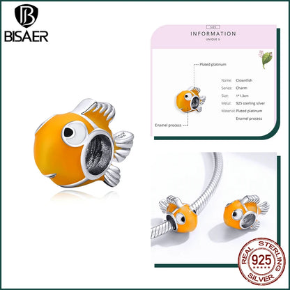 BISAER 925 Sterling Silver Charm Ocean Style Fish Dolphin Mermaid Shell Blue CZ Bead For Necklace&Bracelet DIY Fine Jewelry Gift - AMULET RING STORE