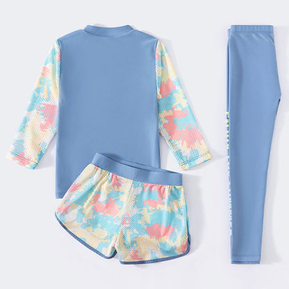 3Pcs Kids Girls Colorful Print Swimsuit Swimwear Long Sleeve Top+Shorts with Pants Set Sun Protection Rash Guard Swimming Outfit - AMULET RING STORE