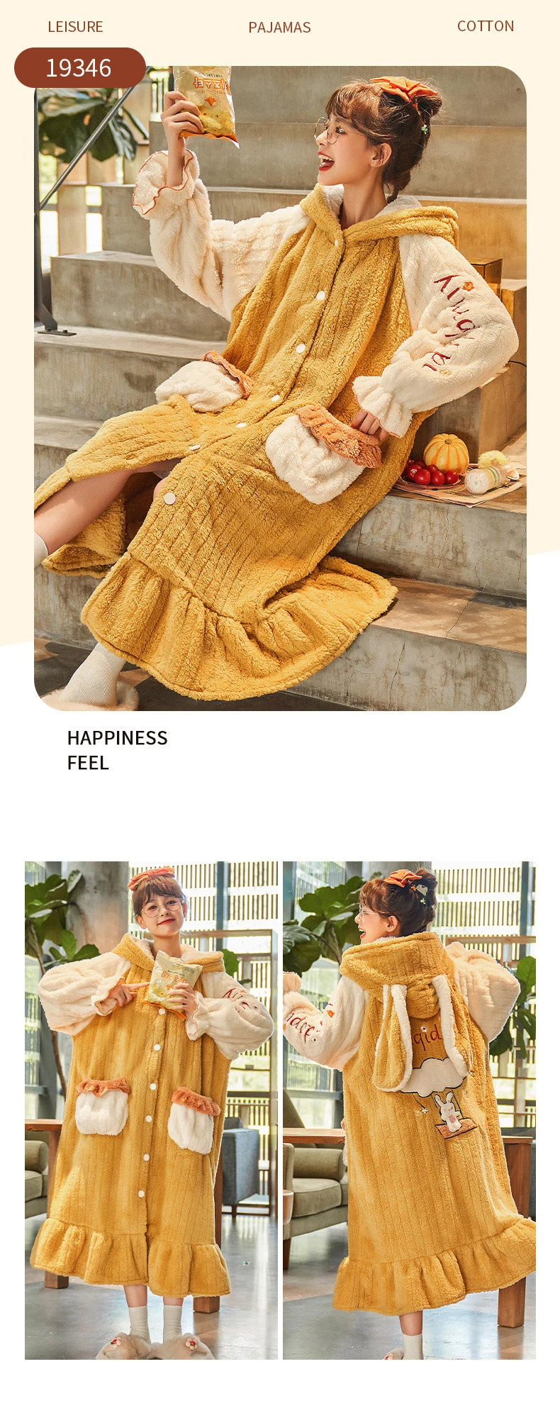 2024 Winter Pajamas For Women Cartoon Hooded Long Robe Strawberry Jacket Cute Home Wear Sleepwear Kawaii Flannel Warm Bathrobe - AMULET RING STORE