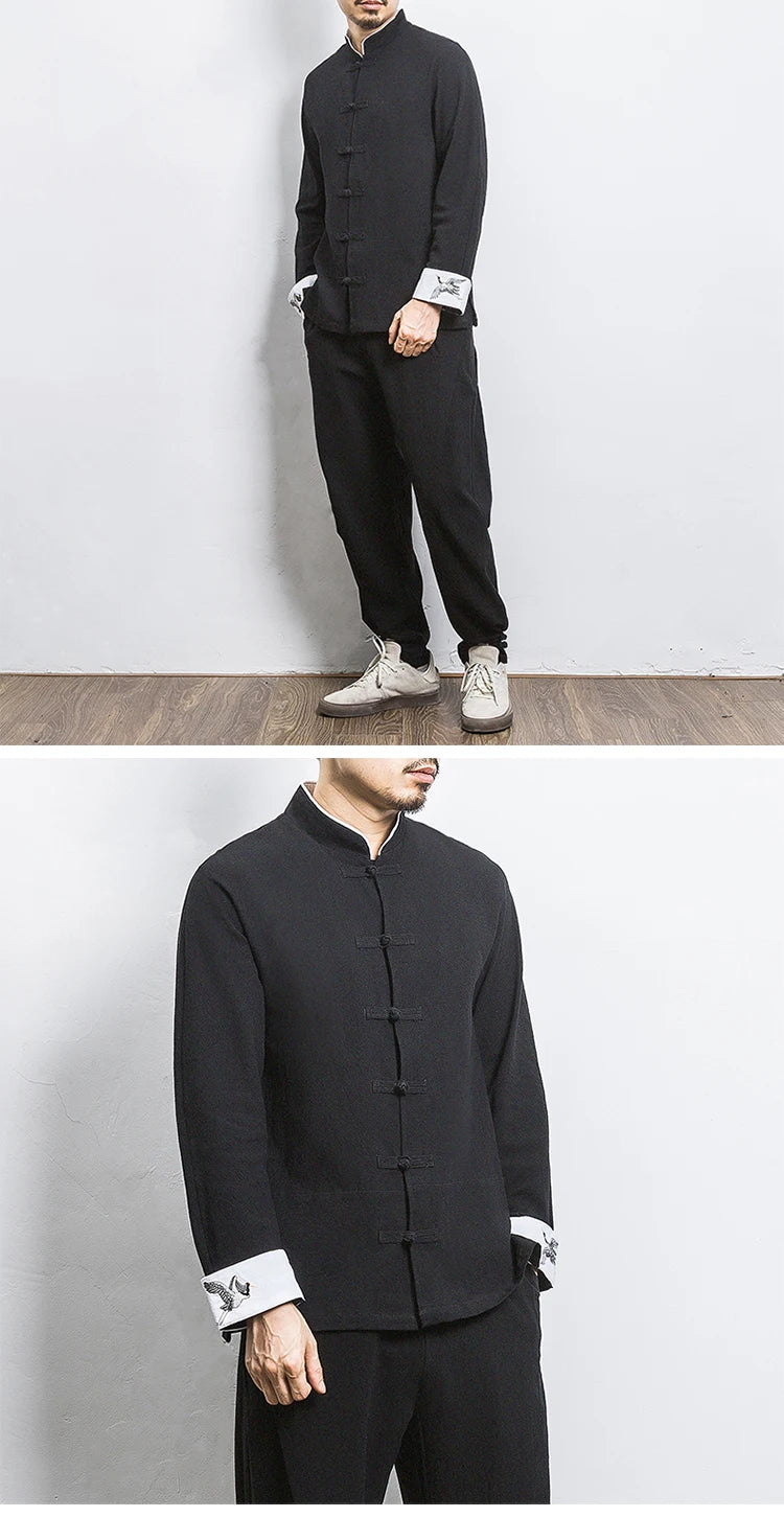 New Crane Embroidery Top Traditional Chinese Clothing for Men Vintage Half Sleeve Linen Shirts Solid Madarin Collar Hanfu Kungfu