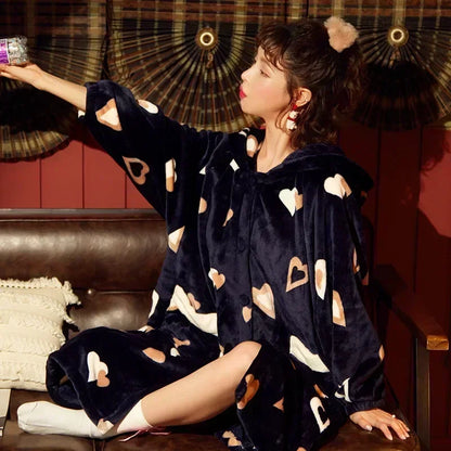 2024 Winter Pajamas For Women Cartoon Hooded Long Robe Strawberry Jacket Cute Home Wear Sleepwear Kawaii Flannel Warm Bathrobe - AMULET RING STORE