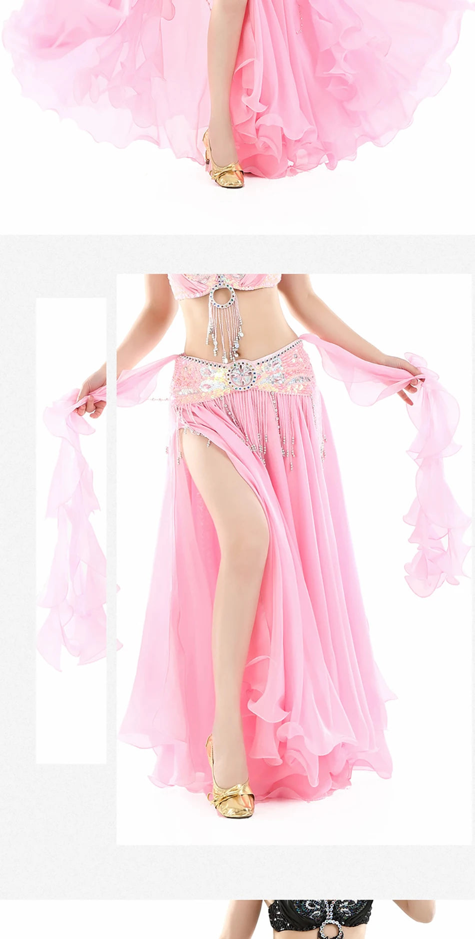 Belly Dance Skirt Chiffon Skirts Double Slit Ear Gauze Skirt High Slit Skirt For Adult Women Performance Practice Clothings