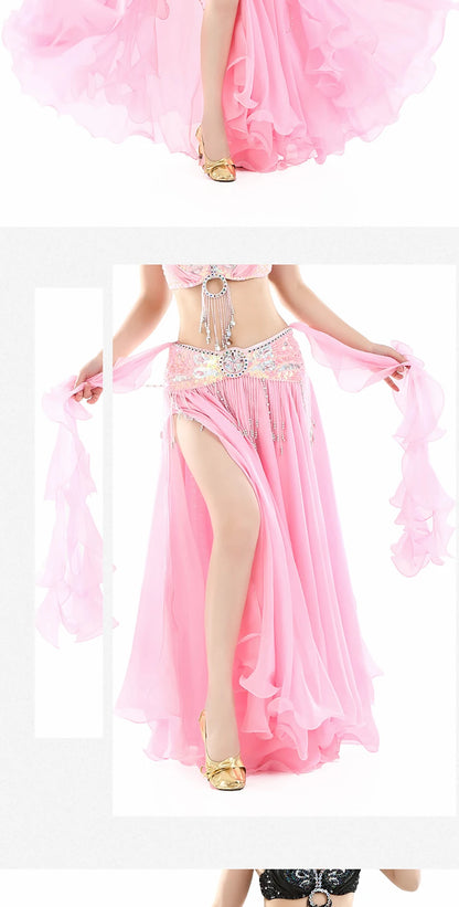Belly Dance Skirt Chiffon Skirts Double Slit Ear Gauze Skirt High Slit Skirt For Adult Women Performance Practice Clothings