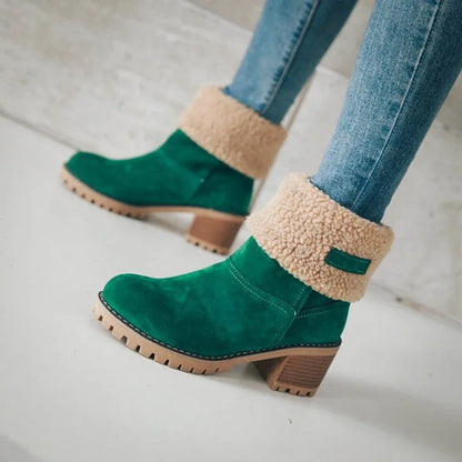 Autumn and Winter Fashion New Casual Comfortable Plus Velvet Warm Square Heel Round Toe Solid Color Women's Ankle Boots - AMULET RING STORE