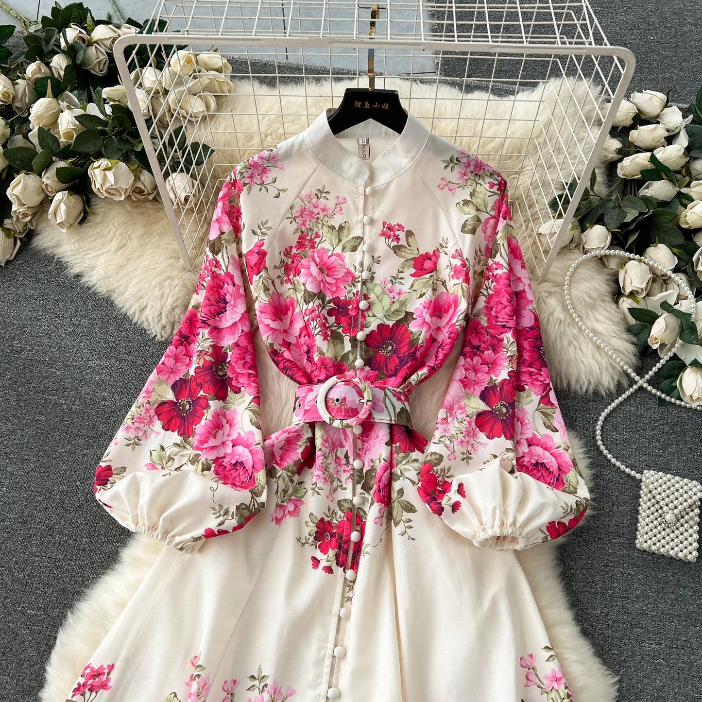 Elegant Gorgeous Floral Bohemian Dress Spring Women Stand Long Lantern Sleeve Floral Print Belt Linen Long Vestidos Clothes 6235