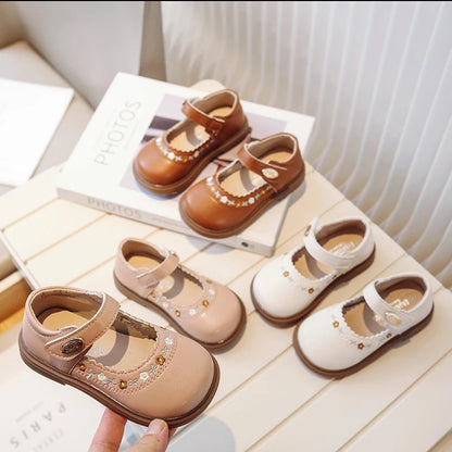 Toddler Girl's Mary Janes Flower Embroider Shallow Sweet Children Leather Shoes Three Colors Hook-loop Comfy Kids Shoe 21-30 - AMULET RING STORE