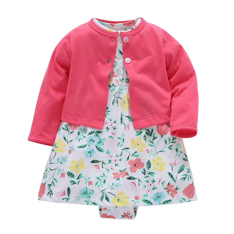 Infant Baby Girls Bodysuit Dress Cotton Floral Baby Girls Long-Sleeved Coat+Short SLeeve Dress 2Pieces Baby Girls Clothes sets