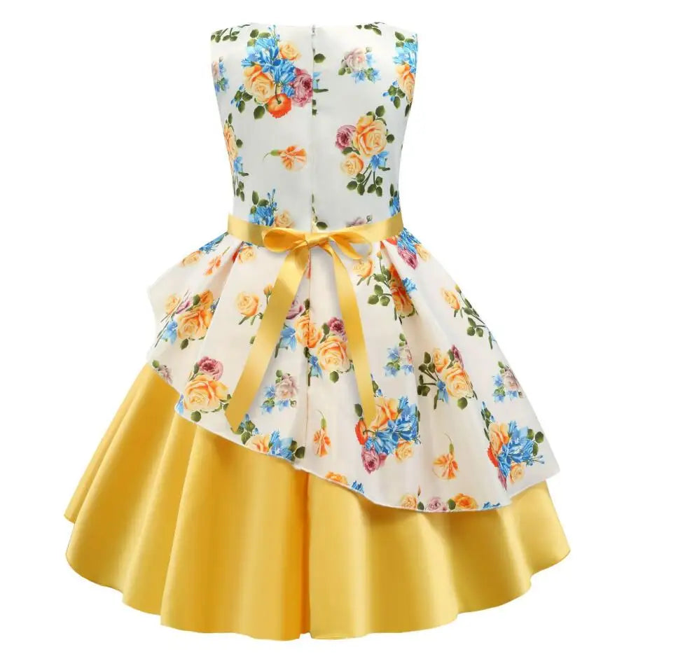 Summer Girls Rose Print Dress Princess Wedding Birthday Party Frocks Satin Children Vestidos Dresses For Girl Christmas Clothing