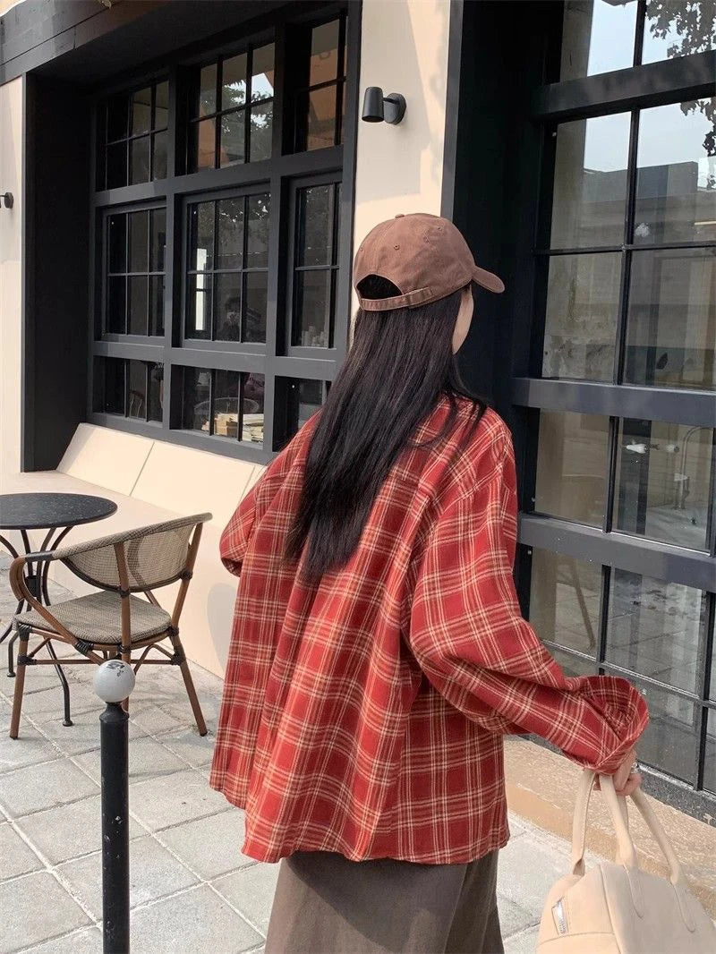 Zoki American Y2K Plaid Shirt Women Loose Streetwear Long Sleeve Vintage Blouse Casual Oversize All Match Female Spring Tops New - AMULET RING STORE