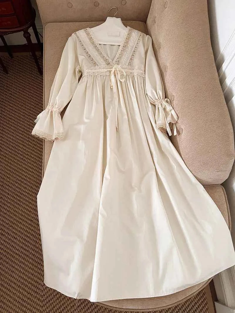 Vintage Embroidery Cotton Long Nightgowns For Lady Lace  Long Sleeve Beige Elegant Nightshirts Comfortable Sexy Night Dress