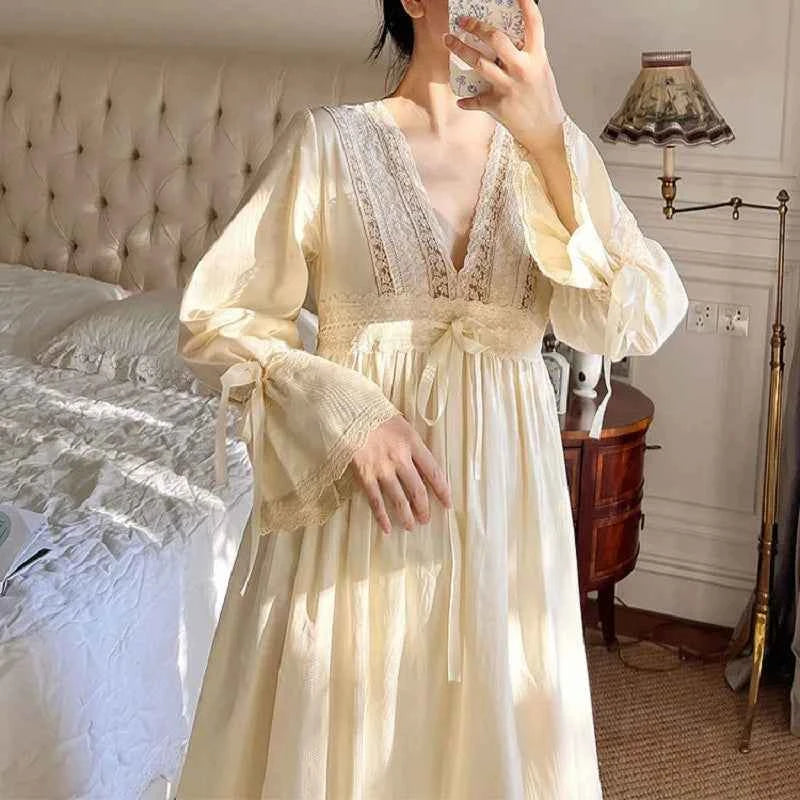 Vintage Embroidery Cotton Long Nightgowns For Lady Lace  Long Sleeve Beige Elegant Nightshirts Comfortable Sexy Night Dress