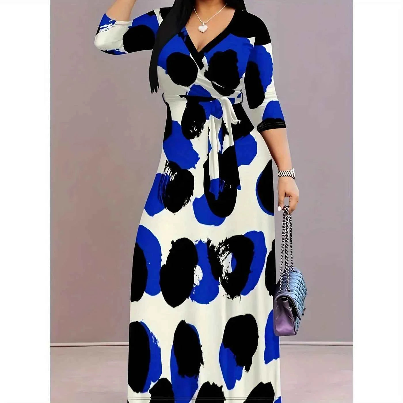 Casual Graphic Print V Neck Half Sleeve Floor Length Belted Maxi Resort Dress