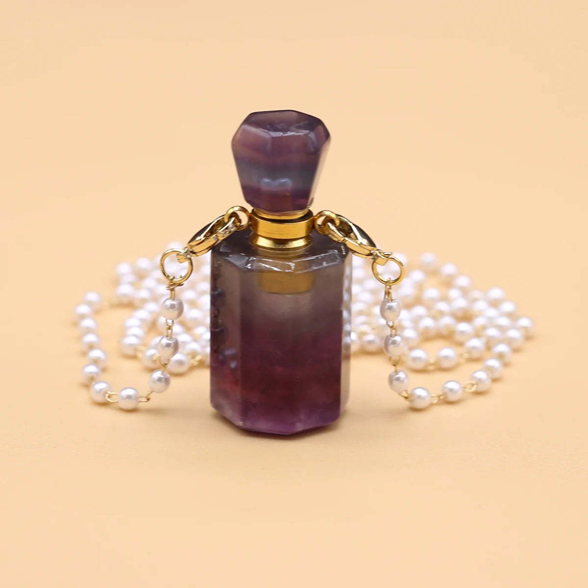 Natural Amethysts Perfume Bottle Pendant Necklace Pearl Chains Essential Oil Diffuser Agates Pendant Necklace For Women Jewerly - AMULET RING STORE