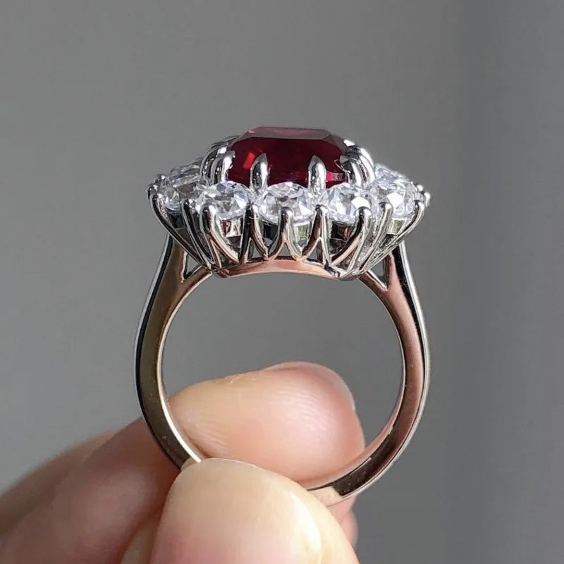 Delicate Square Flower Silver Color White Red Stone Rings Fashion Metal Party Rings for Women Jewelry