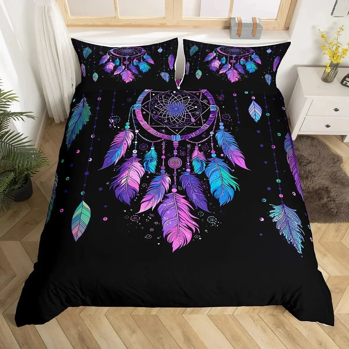 Dream Catcher Bedding Set Boho Mandala Duvet Cover Twin King,Exotic Tribal Feather Comforter Cover Starry Sky Galaxy Quilt Cover
