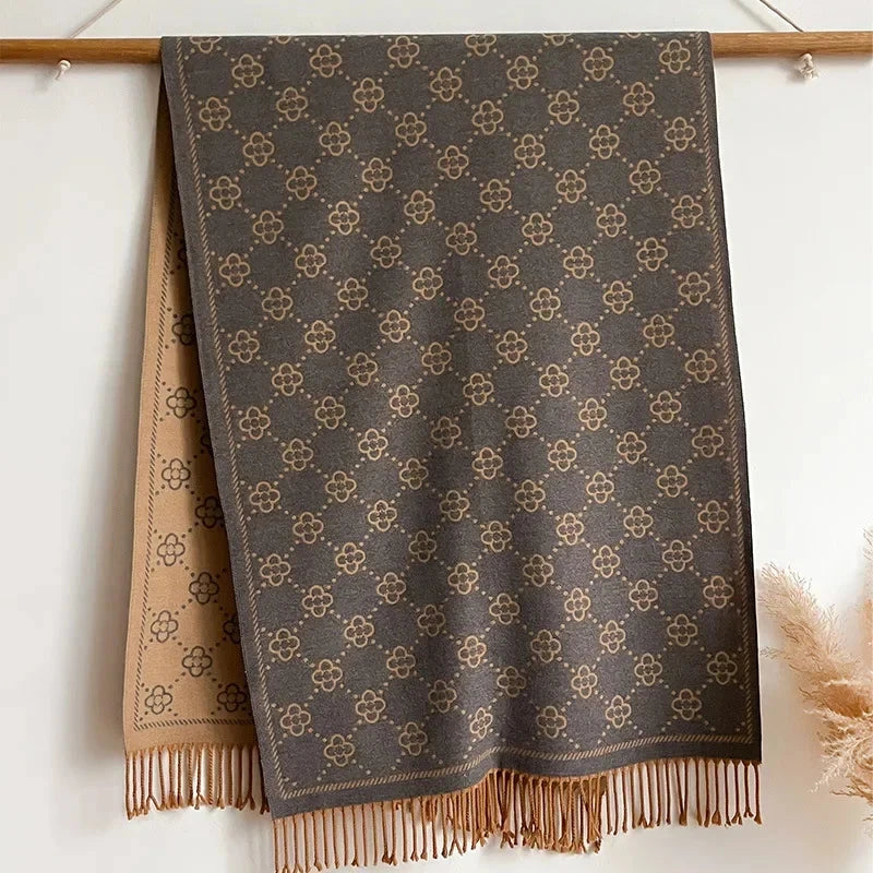 Women's Four Leaf Flower Shawl Core Spun Yarn Imitation Cashmere Tassel Warm Scarf Air Conditioning Shawl Scarf Autumn Winter