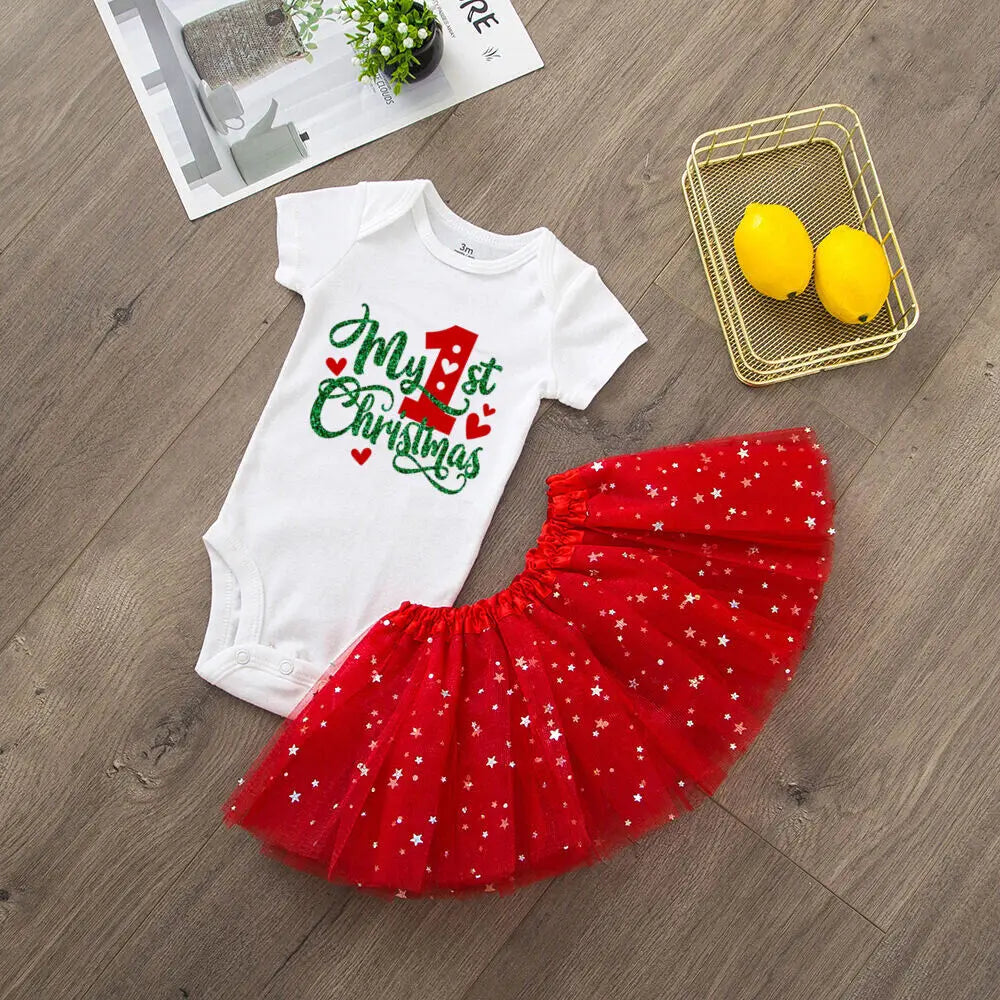 My 1st Christmas Baby bodysuit + Dress set Christmas Party Baby girl Dresses Infant short Sleeve cake Dress Set Toddler Clothing