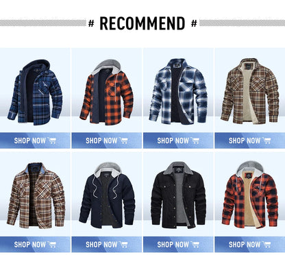 TACVASEN Winter Plaid Cotton Jackets Mens Long Sleeve Quilted Lined Flannel Shirt Jacket Multi-Pockets Outwear Hiking Coats Tops