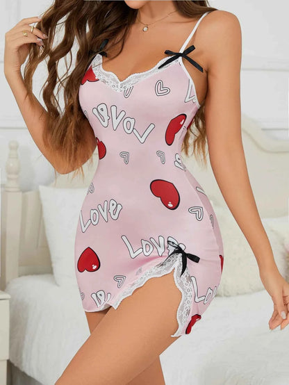 Heart Letter Floral Slip Nightdress Lace Trim Deep V Side Split Sleep Dress Soft Breathable Fabric For Women Night Gown