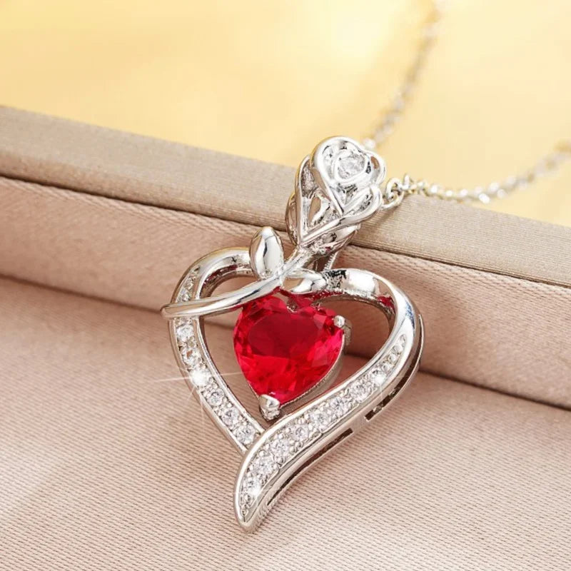 CAOSHI Gorgeous Rose Pendant Necklace for Women Shining Red Heart Zirconia Accessory Fashionable Ｂirthday Ｗedding Jewelry Gifts - AMULET RING STORE