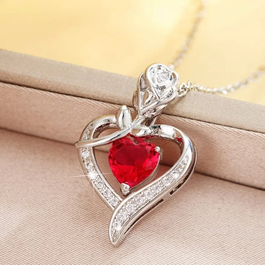 CAOSHI Gorgeous Rose Pendant Necklace for Women Shining Red Heart Zirconia Accessory Fashionable Ｂirthday Ｗedding Jewelry Gifts - AMULET RING STORE