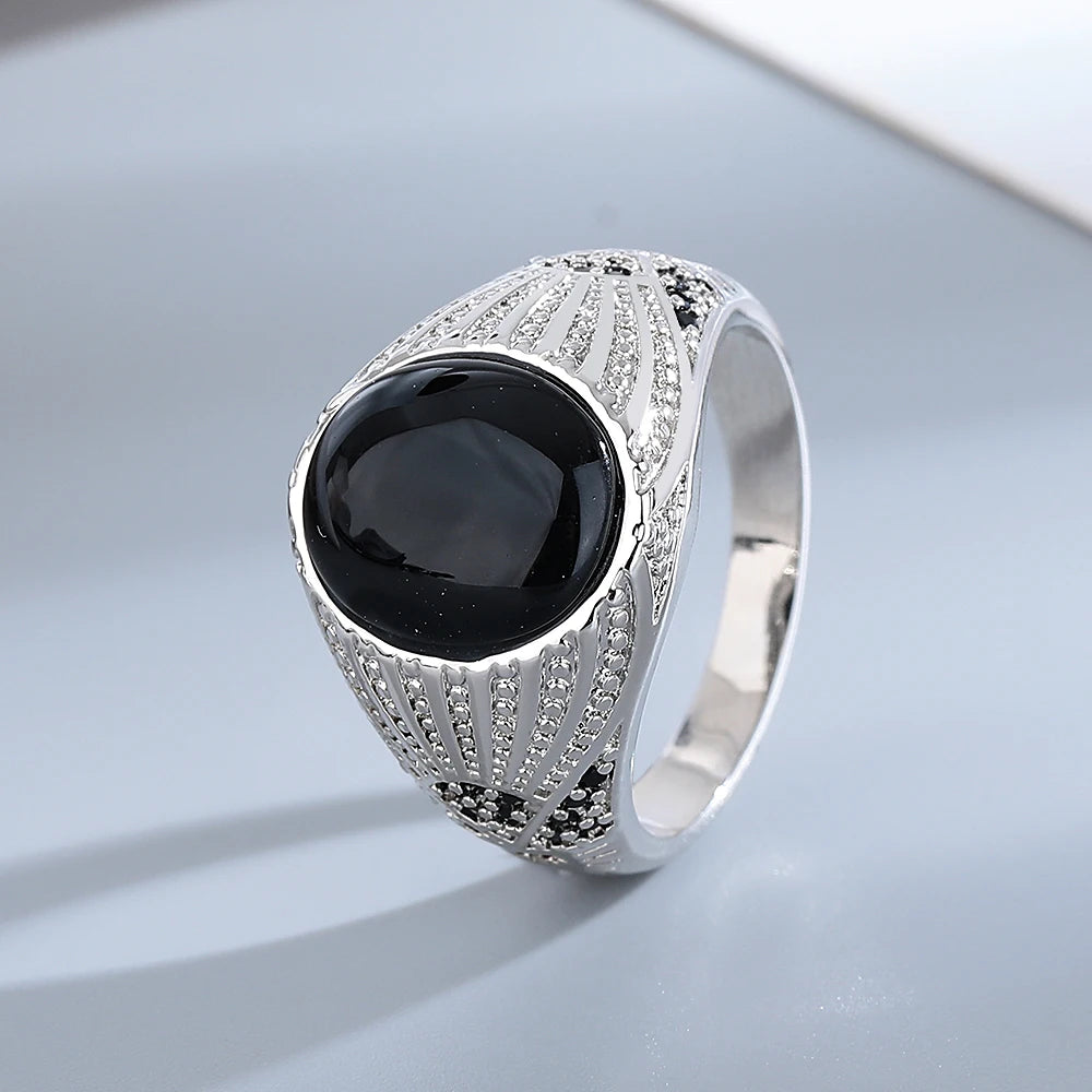 Silver Jewelry Ring Natural Oval Rectangle Big Black Agate Stone Vintage Ring For Women Party Anniversary Gifts Fine Jewelry