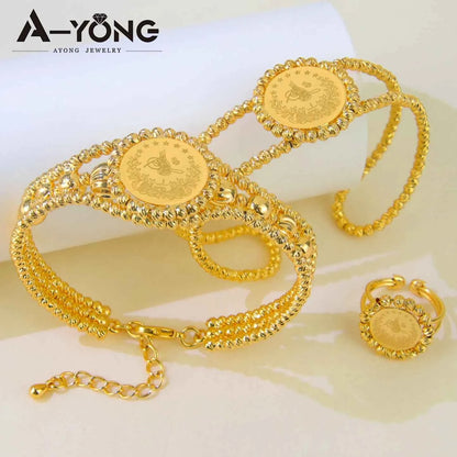 Luxury Turkish Coins Charm Jewelry Set 24k Gold Plated Kurdish Muslim Bridal Open Bangles Ring Middle Eastern Vintage Jewelrys