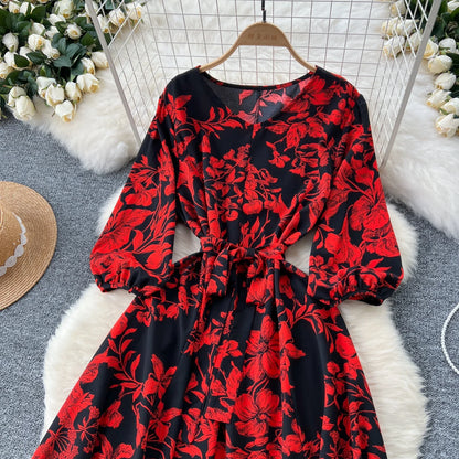 Elegant Boho Floral Print Floral Pleated Maxi Long Dress Female V Neck Puff Sleeve Belt Dresses Women Summer Dress Robe