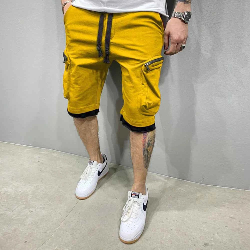 Mens Summer Cargo Shorts Cotton Workout Fitness Shorts Breathable Jogger Training Gyms Bodybuilding Multi Pocket Yellow Shorts