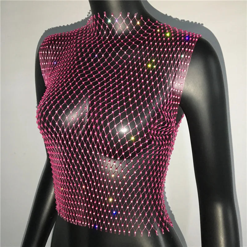 Women's Fishnet Rhinestone Crop Top 2024 Summer Sexy Mesh High Elastic Black White Shirt Net See Through Rave Diamond Tank Top - AMULET RING STORE