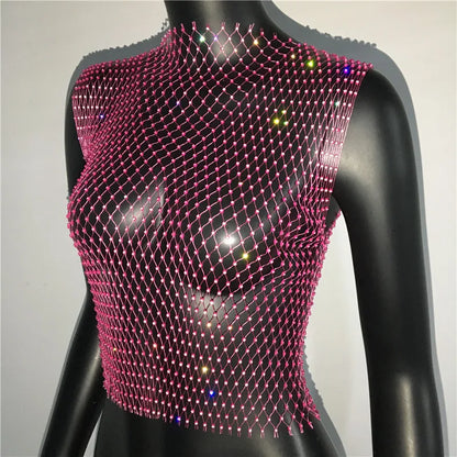 Women's Fishnet Rhinestone Crop Top 2024 Summer Sexy Mesh High Elastic Black White Shirt Net See Through Rave Diamond Tank Top - AMULET RING STORE