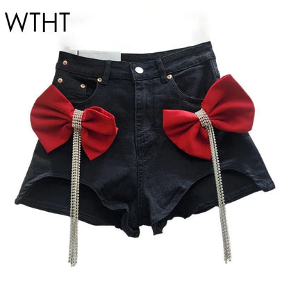 WTHT Trendy Women's Spliced 3D Bows Diamonds Tassel Denim Shorts 2025 Summer Trendy High Waist Hot Pants Female 1LS1367