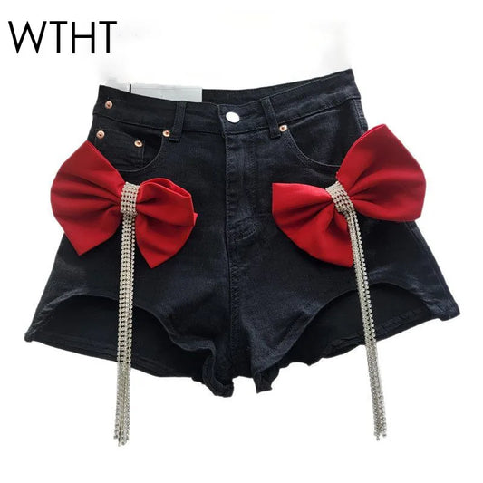 WTHT Trendy Women's Spliced 3D Bows Diamonds Tassel Denim Shorts 2025 Summer Trendy High Waist Hot Pants Female 1LS1367