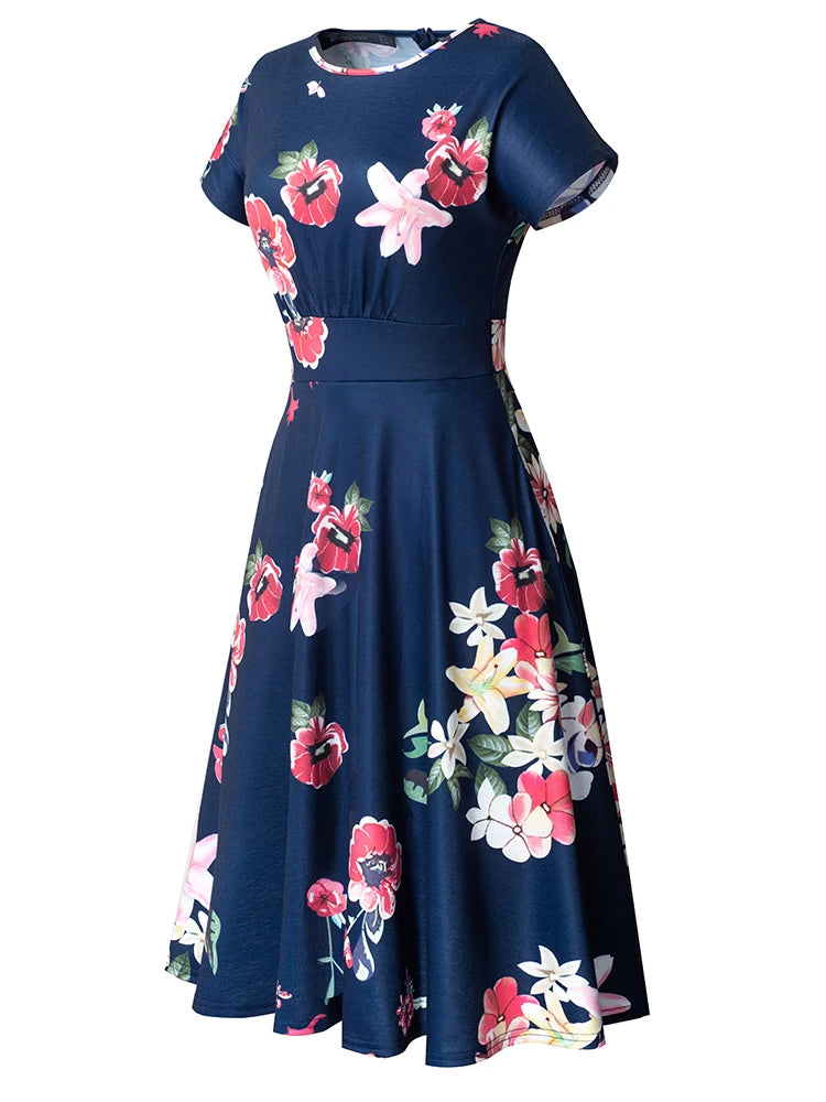 Nice-forever Vintage Elegant Floral Print Pleated Round neck vestidos A-Line Pinup Business Party Women Flare Swing Dress A102