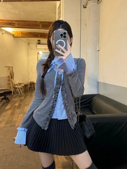 Preppy Style Striped Contrast Slim Lacing Tops Women Clothing Spring Autumn New Long Sleeve Patchwork Korean Shirt Tops Fashion
