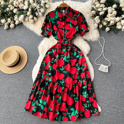 YuooMuoo Women Dress 2025 Summer Fashion Lady Elegant Vintage Floral Print Long Shirt Dress with Belt Vintage Party Robe Femme