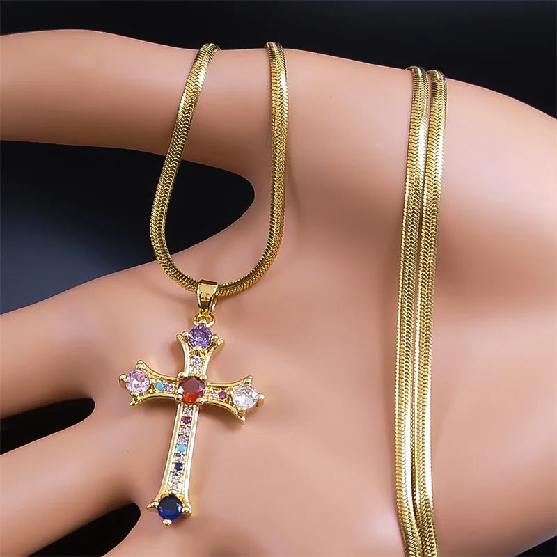 Shiny Hip Hop Zircon Cross Pendant Necklace for Women Stainless Steel Crystal Choker Christian Necklaces Jewelry cruz colgante