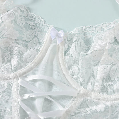 SINGREINY Nightwear Lace Sexy Suit Strap Sleeveless Bandage Short Dress+Thongs 2024 Ladies Transparent Erotic Nightdress Sets - AMULET RING STORE