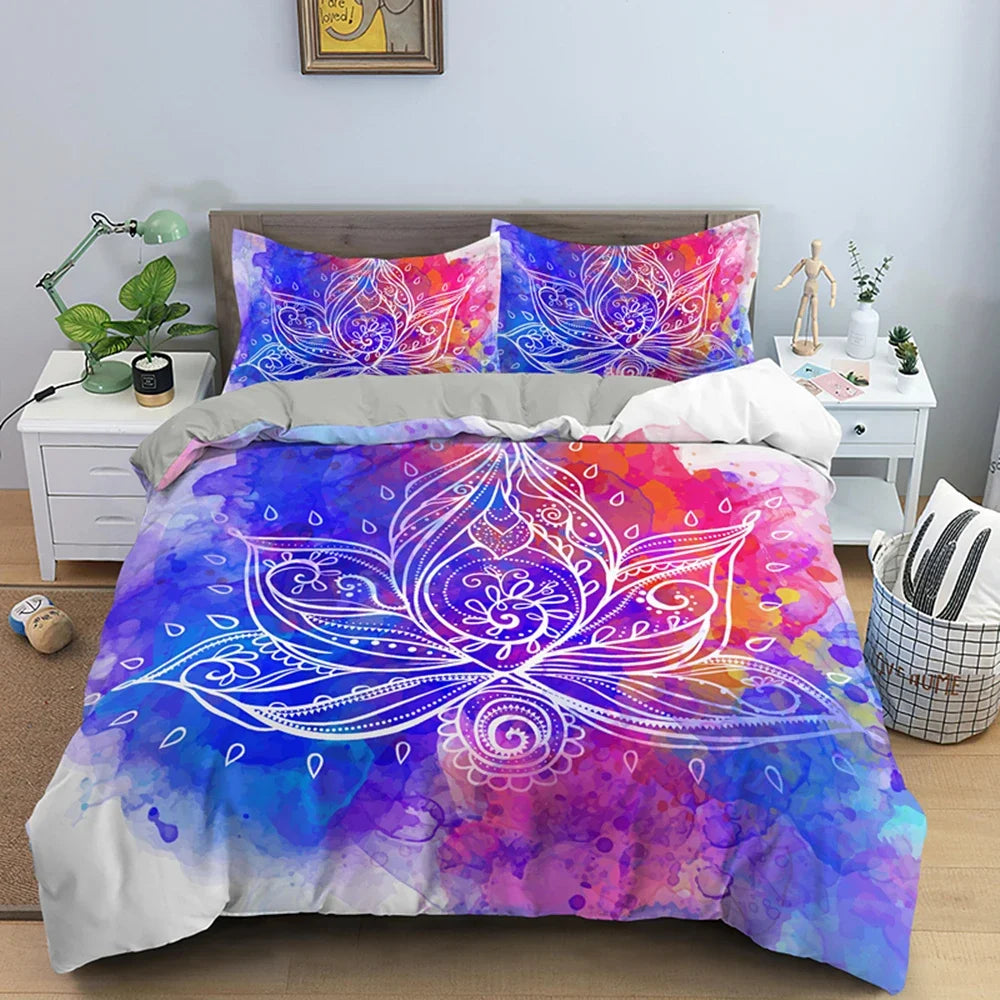 2/3pcs Bed Set Bohemian Lotus Duvet Cover Set Mandala Flower Quilt Cover Adult Black Polyester Bedding Set Queen King Twin Teens - AMULET RING STORE