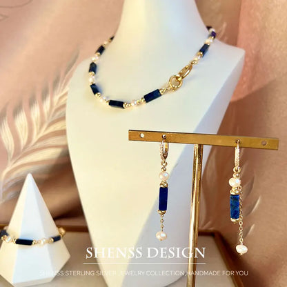 Exclusive Design Personalized Natural Freshwater Pearl Lapis lazuli Necklace Bracelet Earrings Copper Plated 14k Gold Accessorie