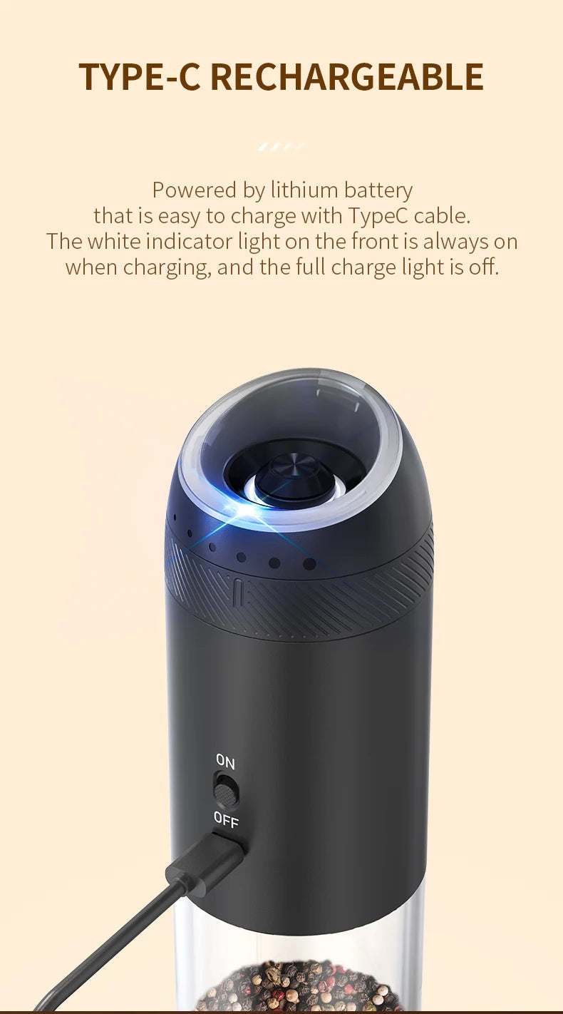 1/2PCS Electric Salt And Pepper Grinder with LED Light Gravity Sensing Adjustable Spice Mills Cordless Automatic Kitchen Gadget - AMULET RING STORE
