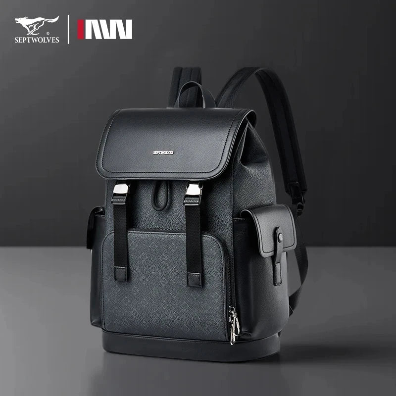 Septwolves Stylish Man Printed Leather Travel Backpack High Qualit Business Work Commuting Flip Print Monogram Laptop Backpack