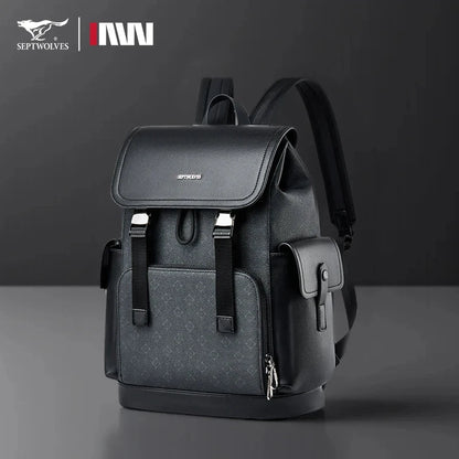 Septwolves Stylish Man Printed Leather Travel Backpack High Qualit Business Work Commuting Flip Print Monogram Laptop Backpack