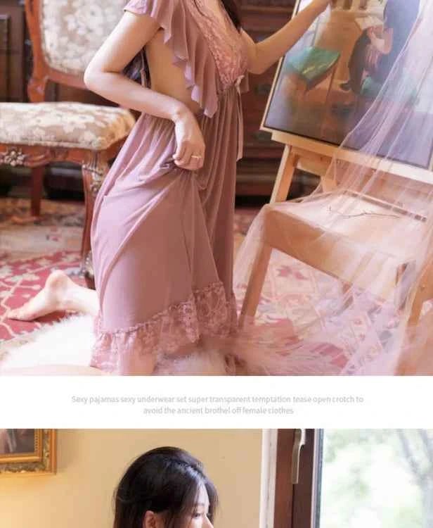 Sexy Sleepwear Women V-neck Nightgown Sexy Nightdress Lace Mesh Pajama Loungewear Summer Dress Nightwear Night Wear