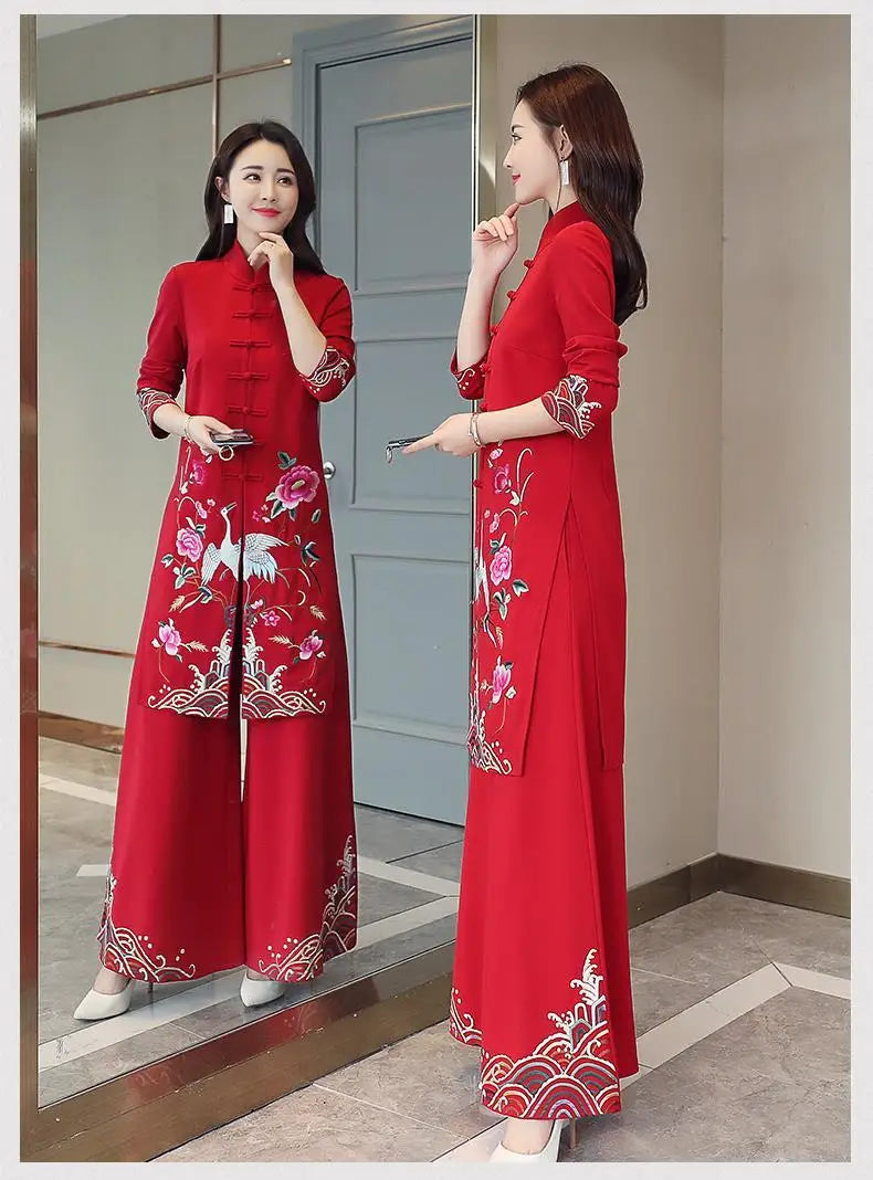 Chinese Styles Vintage Women Hanfu Midi Qipao Two Pieces China Traditional Clothing Pants Set Tang Suit Robe Orientale Clothes